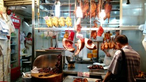 Typical bbq street vendor with pork, duck and chicken liver.